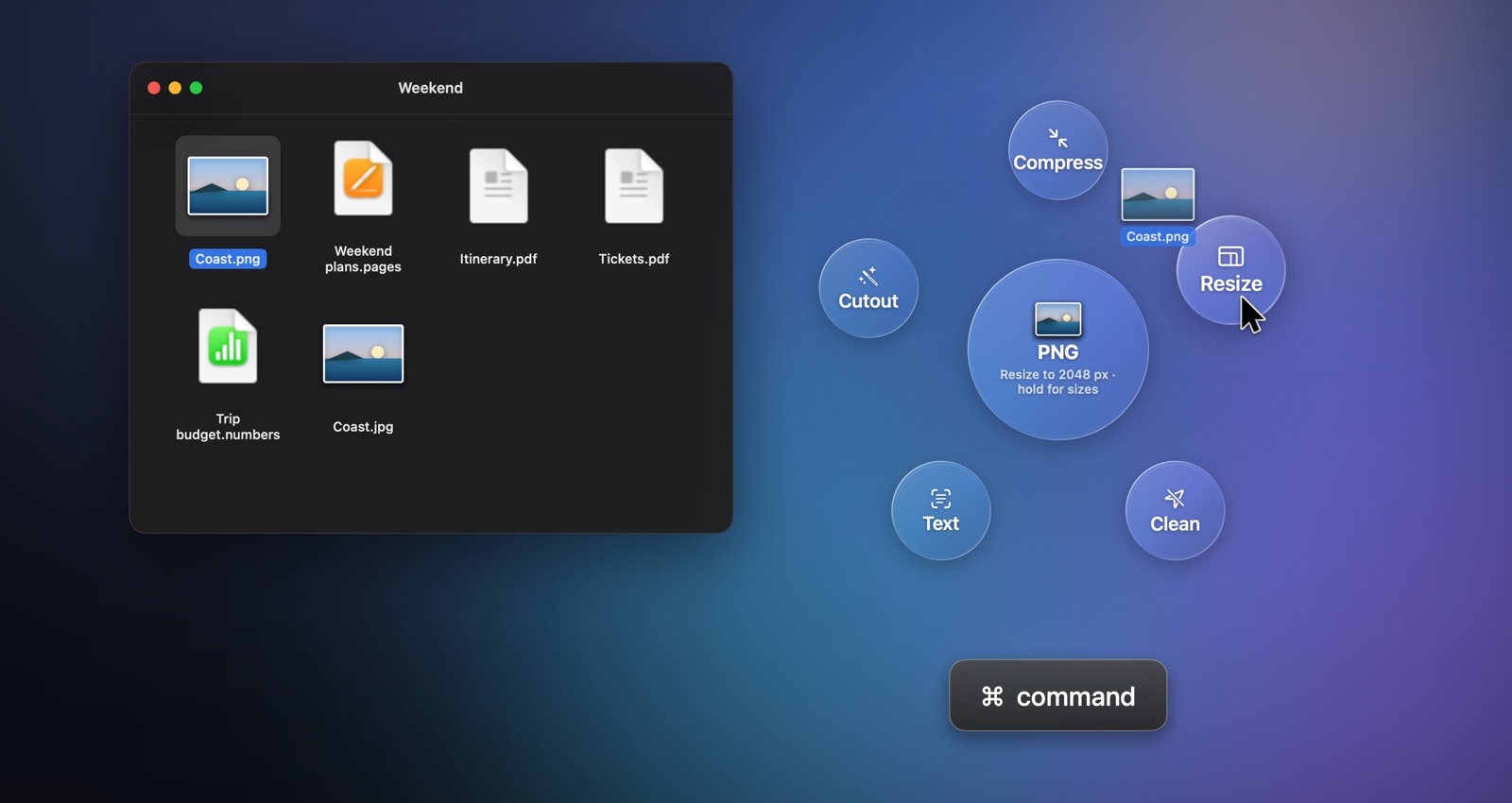 The actions ring with Resize attached to the dragged file