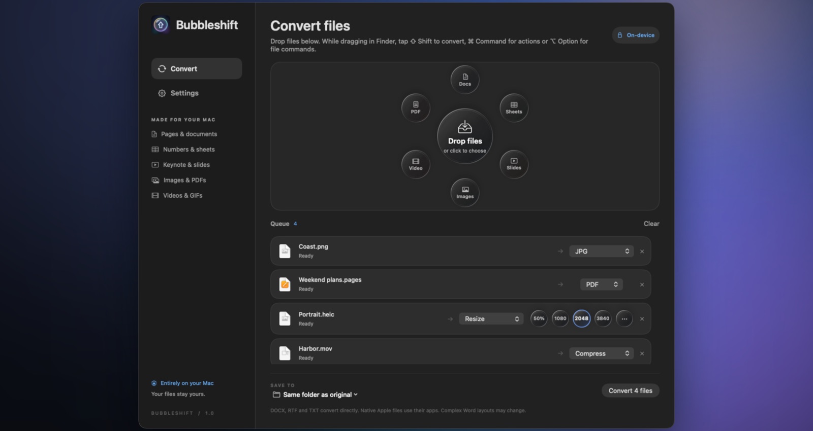 The Bubbleshift window with a queue of files