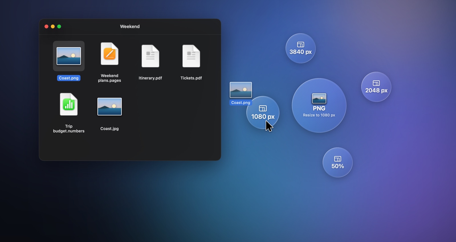 The resize ring showing size options
